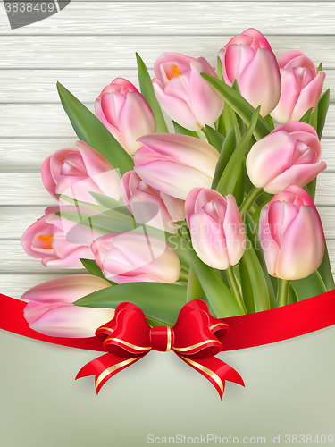 Image of Pink tulips over white wood. EPS 10 