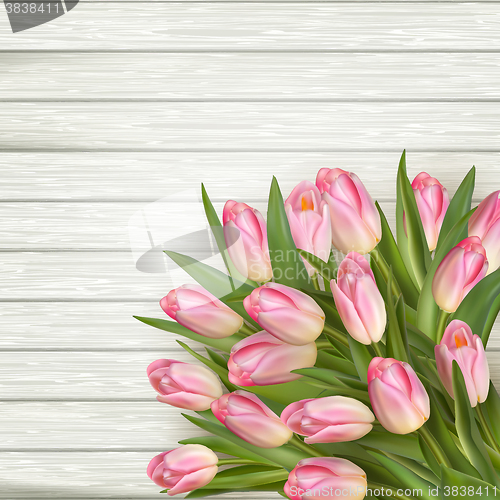 Image of Pink tulips over white wood. EPS 10 