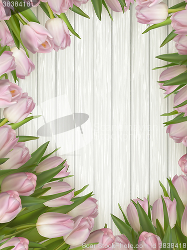 Image of Beautiful tulips on wooden table, closeup. EPS 10