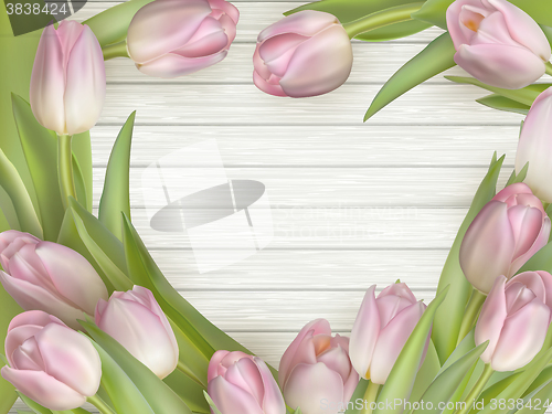 Image of Pink tulips on wooden background. EPS 10