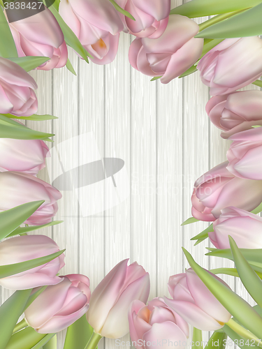 Image of Bouquet of tulips on a wooden background. EPS 10