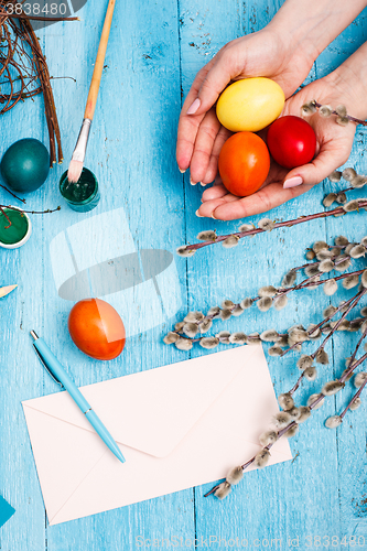 Image of The top view of easter on wooden table office workplace