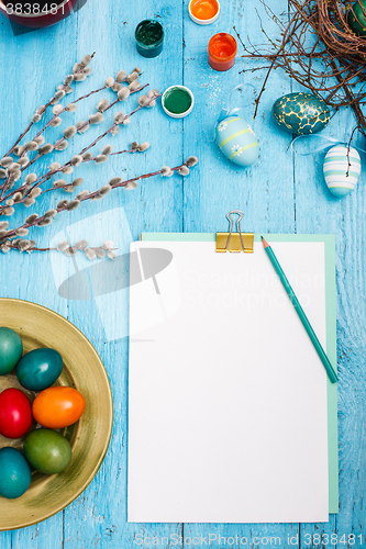 Image of The top view of easter on wooden table office workplace