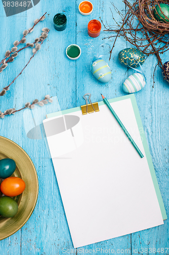 Image of The top view of easter on wooden table office workplace