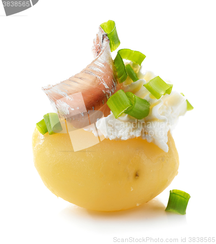 Image of boiled potato decorated with cream cheese, anchovy and spring on