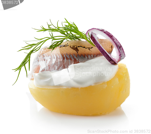 Image of boiled potato decorated with sour cream, anchovy, onion and dill