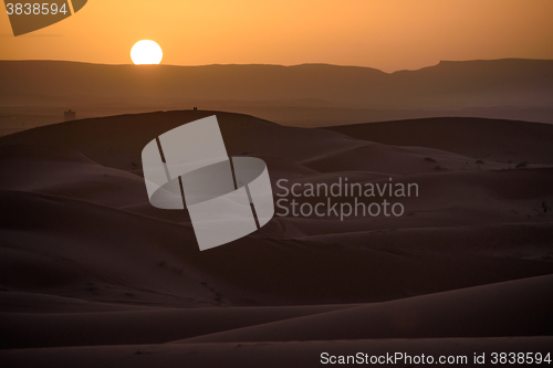 Image of Sunset over the dunes, Morocco, Sahara Desert