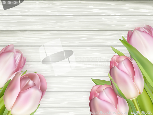 Image of Colorful tulips on wooden table. EPS 10 
