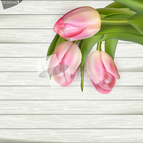 Image of Pink tulips on wooden background. EPS 10