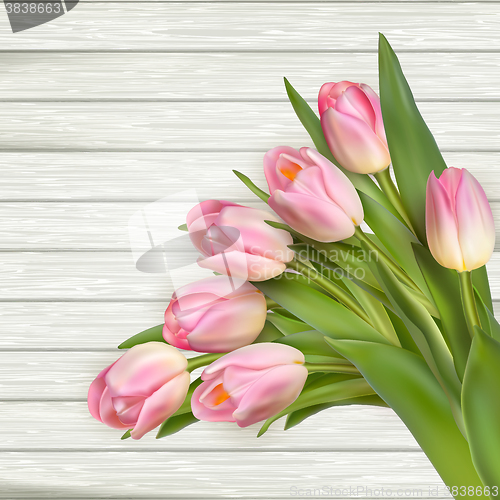 Image of Pink tulips on white wooden background. EPS 10