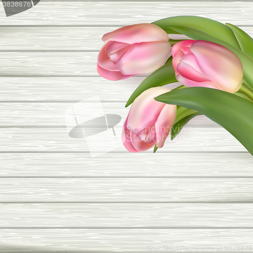 Image of Colorful tulips on wooden table. EPS 10 
