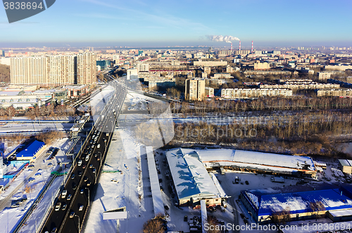 Image of Aerial view on bridge on Melnikayte street. Tyumen