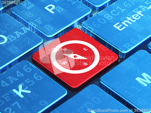 Image of Travel concept: Compass on computer keyboard background