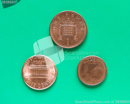 Image of Dollars, Euro and Pounds - 1 Cent, 1 Penny