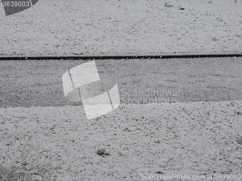 Image of Winter scene with snow and alley