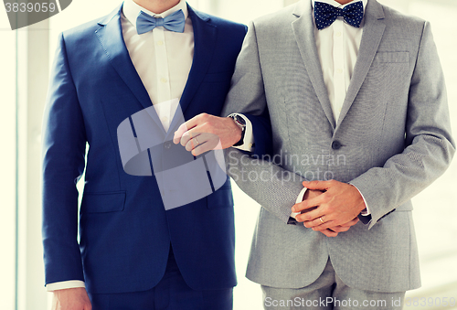 Image of close up of happy male gay couple holding hands