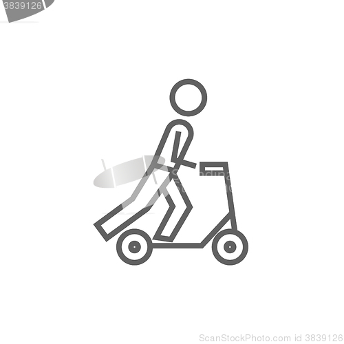 Image of Man riding kick scooter line icon.