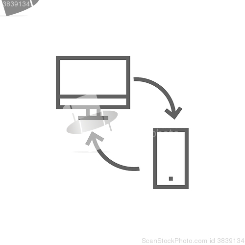 Image of Synchronization computer with mobile device line icon.