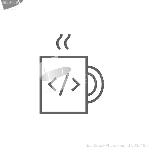 Image of Cup of coffee with code sign line icon.