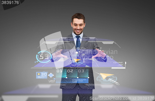 Image of businessman working with virtual gps navigator map