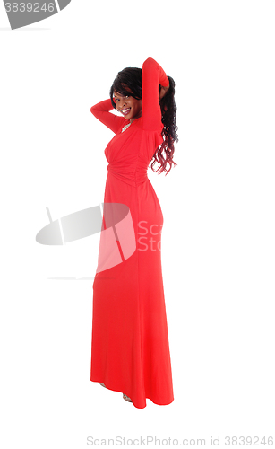 Image of African American woman red long dress.