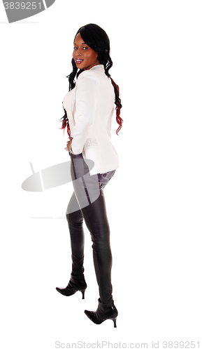 Image of Lovely African American woman in leather pants.
