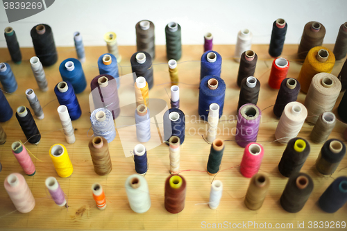 Image of Sewing threads displayed on wooden board