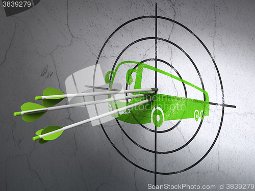 Image of Vacation concept: arrows in Bus target on wall background