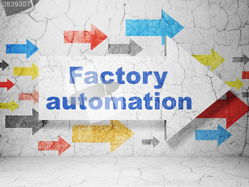Image of Manufacuring concept: arrow with Factory Automation on grunge wall background