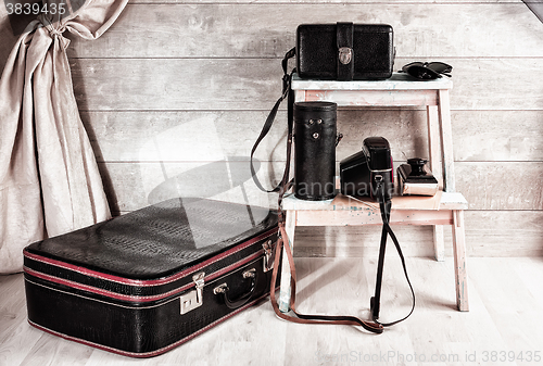 Image of Group of vintage leather bags for photographic equipment