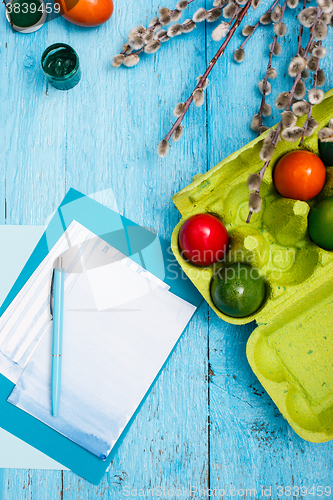 Image of The top view of easter on wooden table office workplace