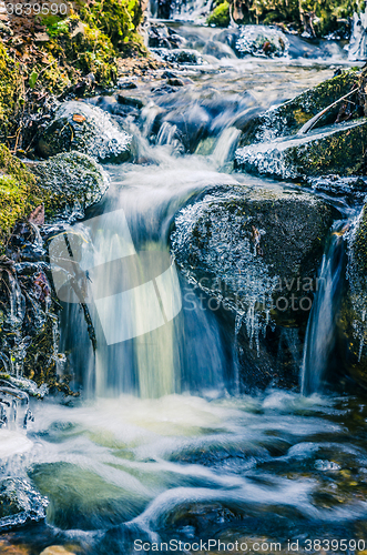 Image of The flow of water in the spring of icicles and ice