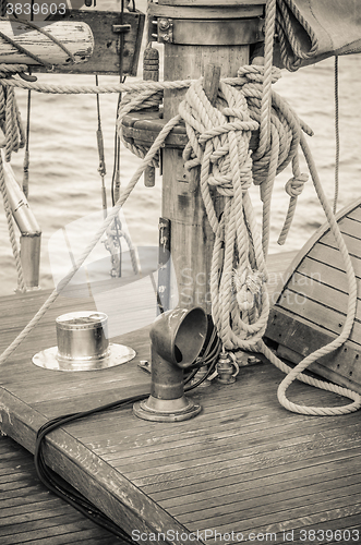 Image of Blocks and rigging of an old sailboat, close-up  