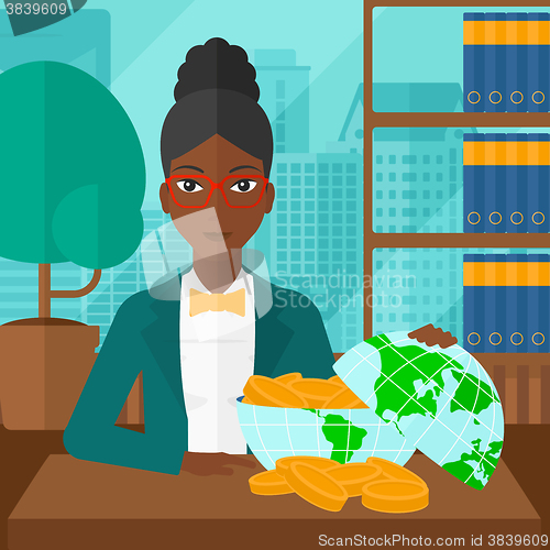 Image of Woman with globe full of money.