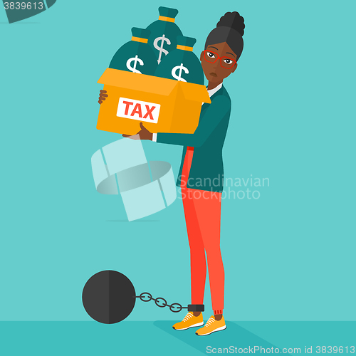 Image of Chained woman with bags full of taxes. 