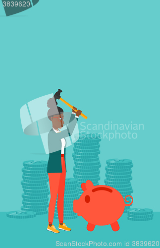 Image of Woman breaking piggy bank.