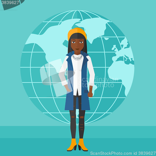 Image of Business woman standing on globe background.