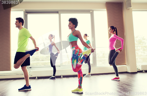 Image of group of smiling people exercising in gym