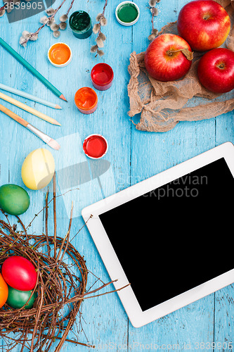 Image of The top view of easter on wooden table office workplace