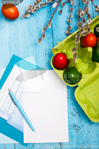 Image of The top view of easter on wooden table office workplace