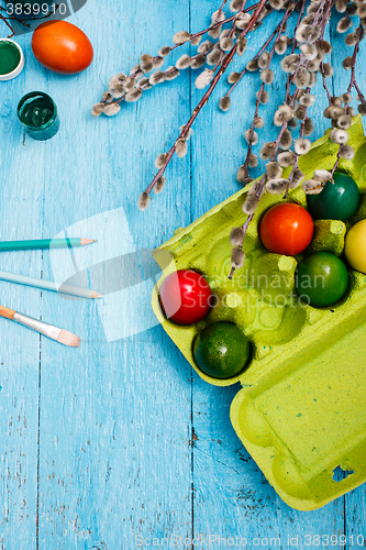 Image of The top view of easter on wooden table office workplace