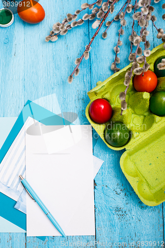 Image of The top view of easter on wooden table office workplace