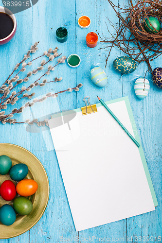 Image of The top view of easter on wooden table office workplace