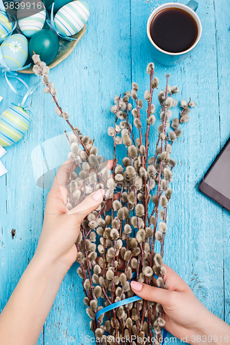 Image of The top view of easter on wooden table office workplace