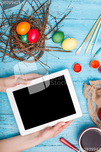 Image of The top view of easter on wooden table office workplace