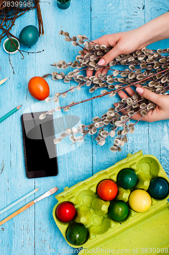 Image of The top view of easter on wooden table office workplace