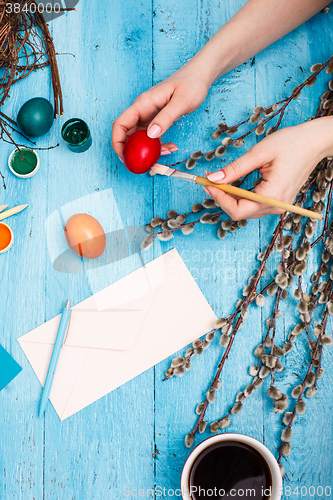 Image of The top view of easter on wooden table office workplace