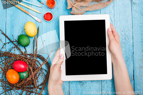 Image of The top view of easter on wooden table office workplace