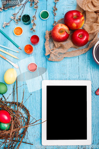 Image of The top view of easter on wooden table office workplace