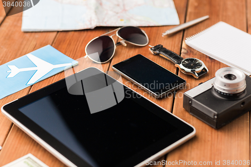 Image of close up of smartphone and travel stuff